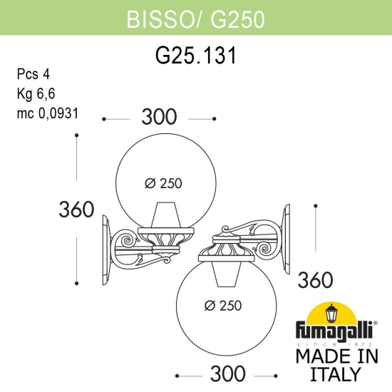Настенный уличный светильник Bisso Globe 250 G25.131.000.BZF1R Fumagalli
