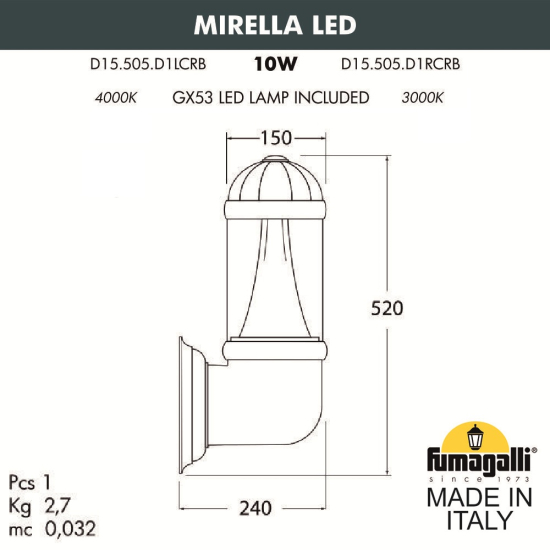 Настенный уличный светильник Fumagalli Mirella D15.505.000.VXD1L.CRB