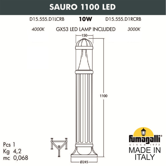 Наземный уличный светильник Fumagalli Sauro 1100 D15.555.000.VXD1L.CRB
